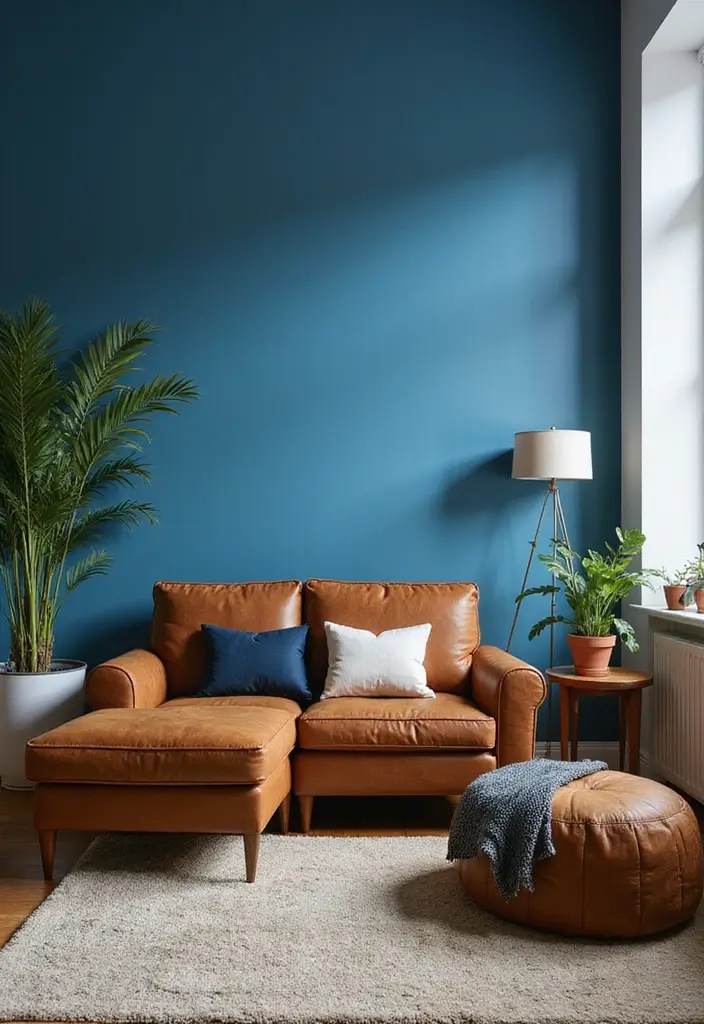 29 Brown and Blue Living Room Ideas That Feel Calm and Balanced - 9. Bold Blue Walls with Brown Accents