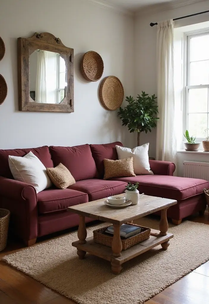 29 Burgundy Couch Living Room Ideas That Feel Rich and Stylish - 10. Rustic Charm with Farmhouse Decor