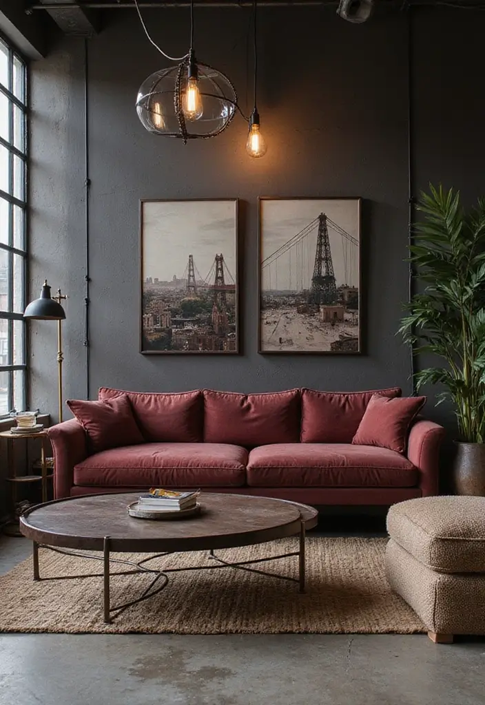 29 Burgundy Couch Living Room Ideas That Feel Rich and Stylish - 11. Industrial Edge with Metal Accents