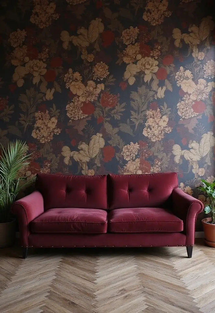 29 Burgundy Couch Living Room Ideas That Feel Rich and Stylish - 12. Bold Wallpaper for a Dramatic Background