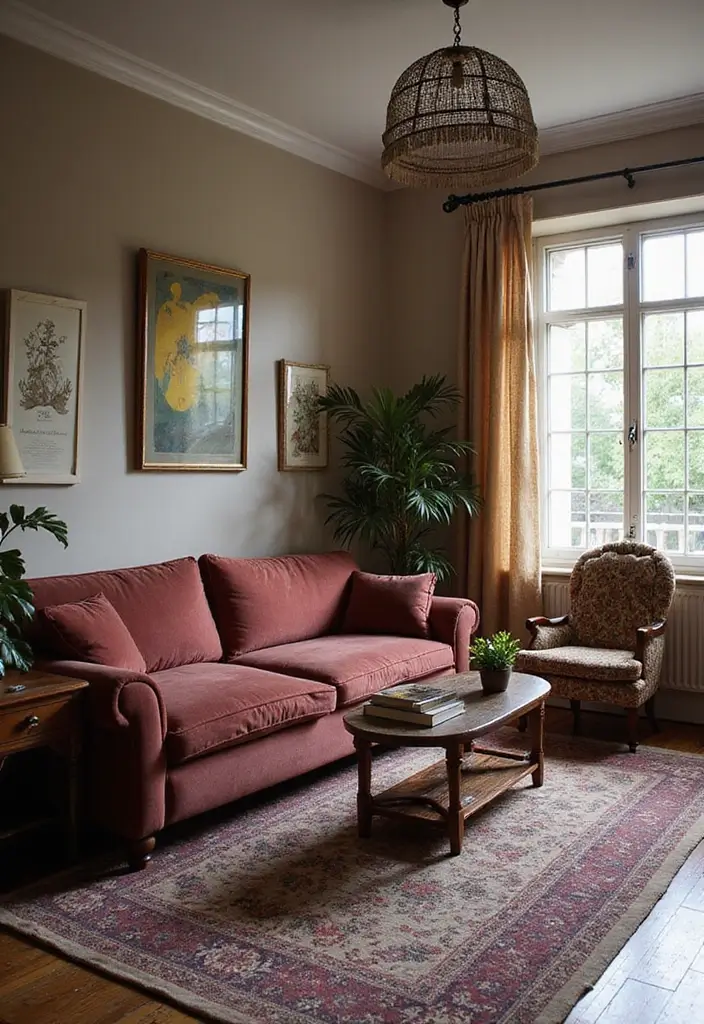 29 Burgundy Couch Living Room Ideas That Feel Rich and Stylish - 13. Mixing Vintage and Modern Elements