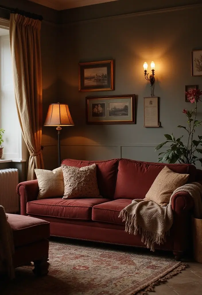 29 Burgundy Couch Living Room Ideas That Feel Rich and Stylish - 14. Soft Lighting for a Cozy Ambiance
