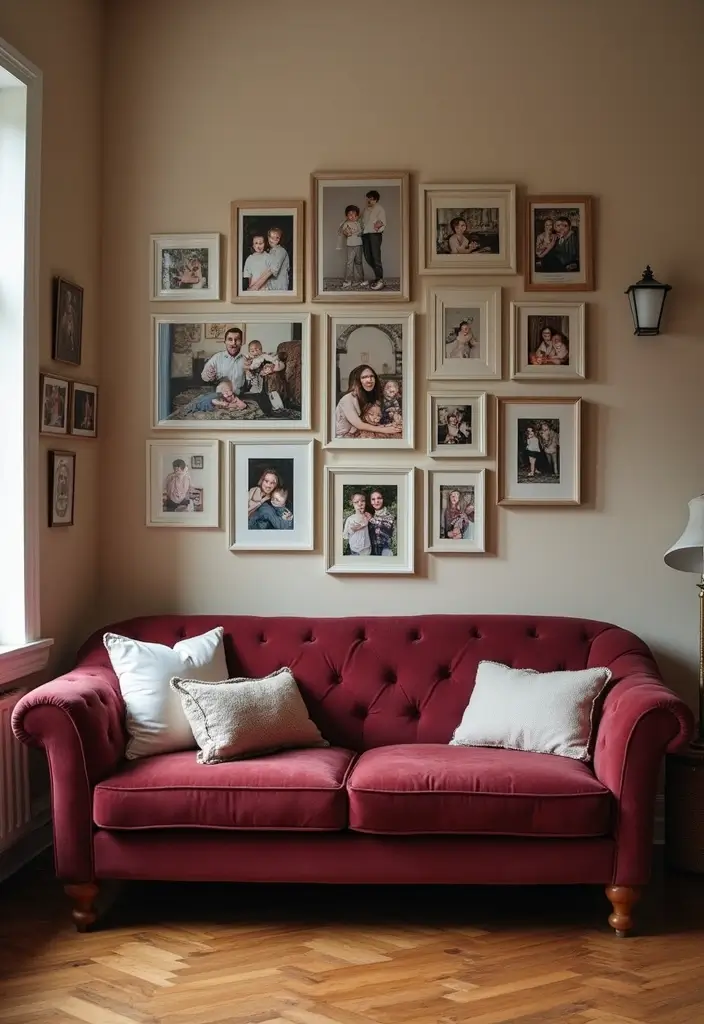 29 Burgundy Couch Living Room Ideas That Feel Rich and Stylish - 15. Personal Touches with Family Photos