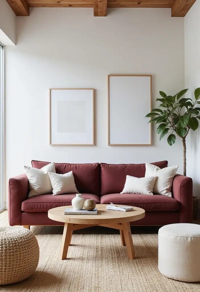 29 Burgundy Couch Living Room Ideas That Feel Rich and Stylish - 16. Coastal Vibes with Light Fabrics