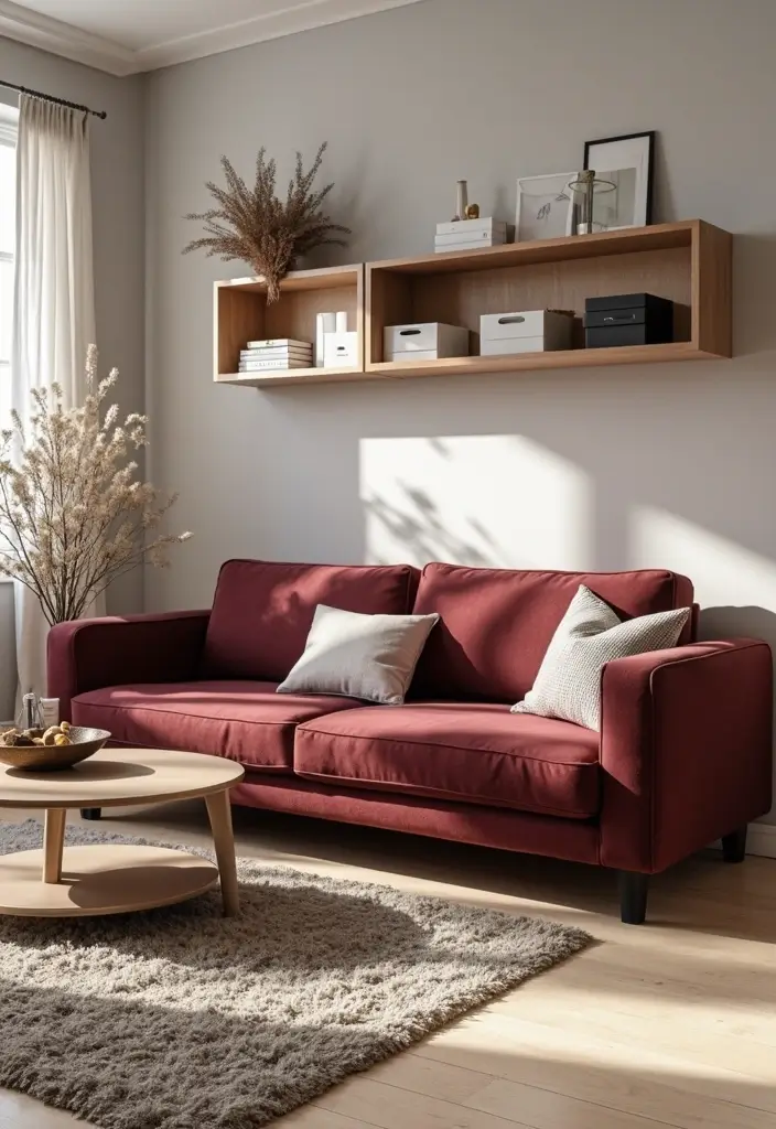 29 Burgundy Couch Living Room Ideas That Feel Rich and Stylish - 17. Smart Storage Solutions with Style