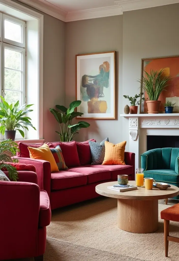 29 Burgundy Couch Living Room Ideas That Feel Rich and Stylish - 18. A Pop of Color with Accent Chairs