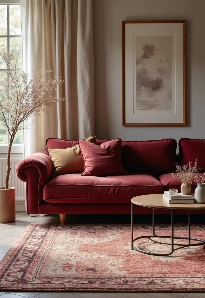 29 Burgundy Couch Living Room Ideas That Feel Rich and Stylish - 19. Layered Rugs for Texture and Depth