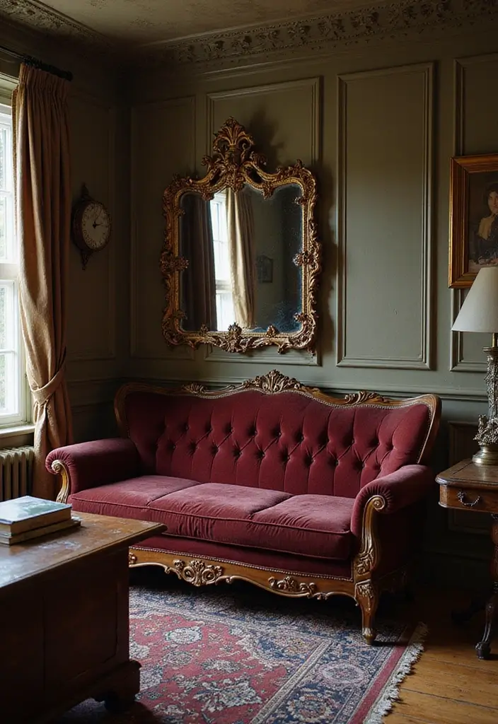 29 Burgundy Couch Living Room Ideas That Feel Rich and Stylish - 2. Vintage Elegance with Antique Accents