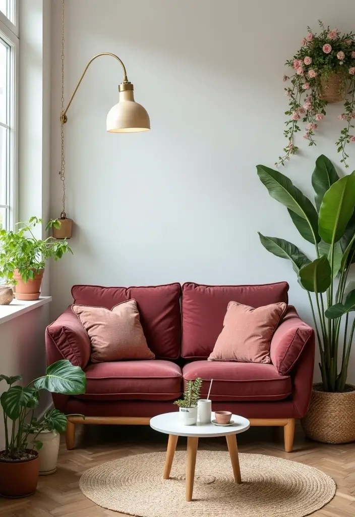 29 Burgundy Couch Living Room Ideas That Feel Rich and Stylish - 20. Touches of Nature with Botanical Decor
