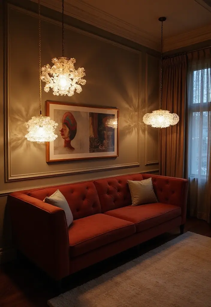29 Burgundy Couch Living Room Ideas That Feel Rich and Stylish - 21. Artistic Lighting Fixtures as Decor