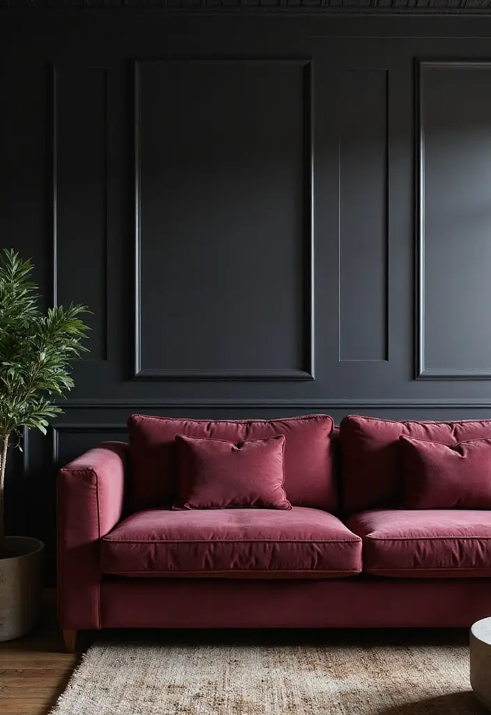29 Burgundy Couch Living Room Ideas That Feel Rich and Stylish - 22. Boldly Contrast with Dark Walls