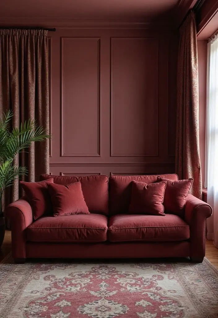 29 Burgundy Couch Living Room Ideas That Feel Rich and Stylish - 24. Layered Curtains for Texture and Privacy