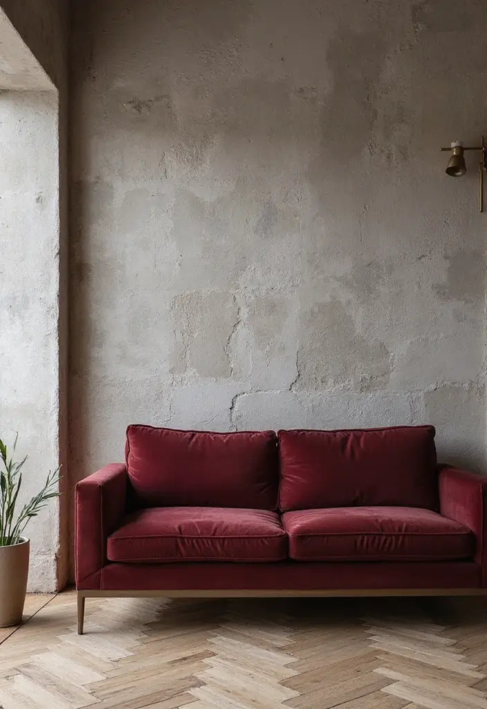 29 Burgundy Couch Living Room Ideas That Feel Rich and Stylish - 25. Textured Wall Treatments for Added Interest