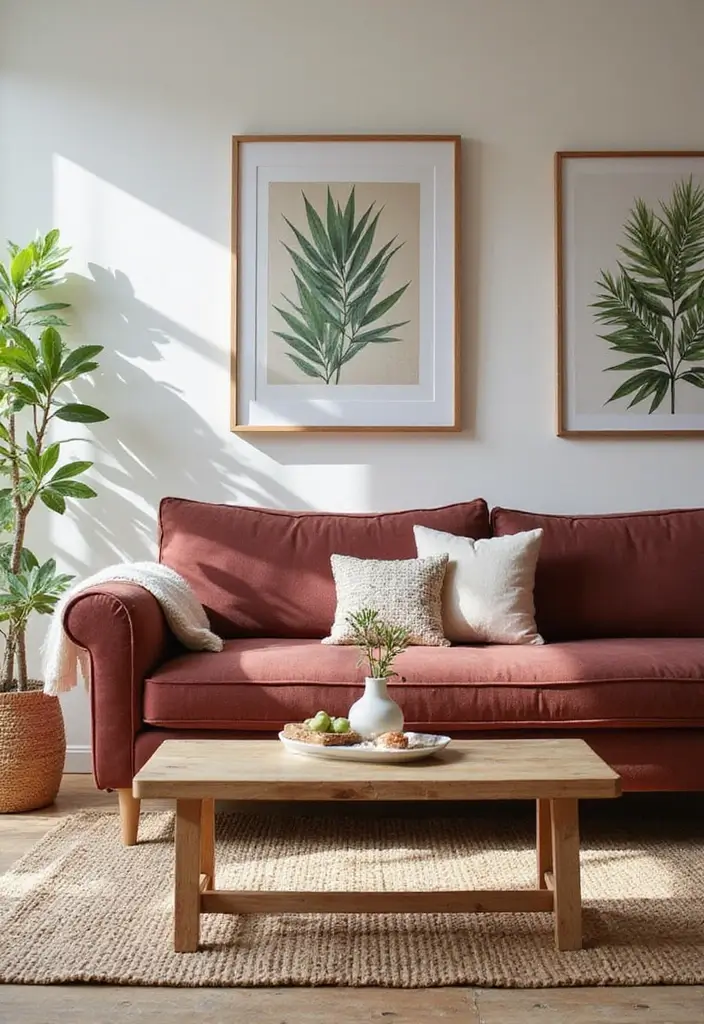 29 Burgundy Couch Living Room Ideas That Feel Rich and Stylish - 26. Outdoor-Inspired Decor