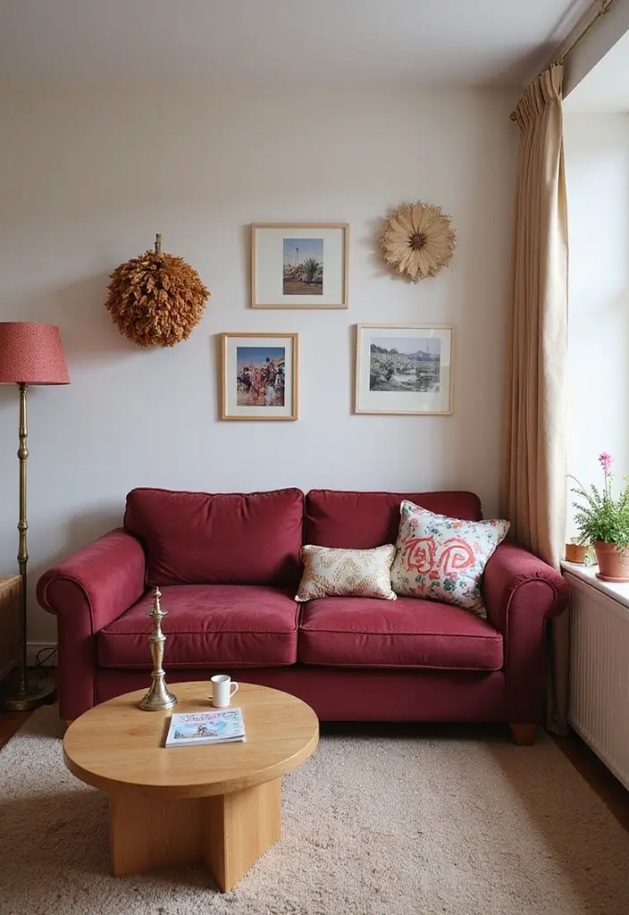 29 Burgundy Couch Living Room Ideas That Feel Rich and Stylish - 29. Playful Accessories for a Fun Touch