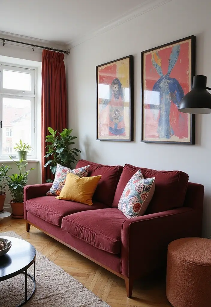 29 Burgundy Couch Living Room Ideas That Feel Rich and Stylish - 3. Contemporary Chic with Bold Patterns