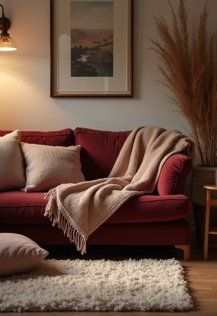 29 Burgundy Couch Living Room Ideas That Feel Rich and Stylish - 4. Cozy Textiles for a Warm Atmosphere