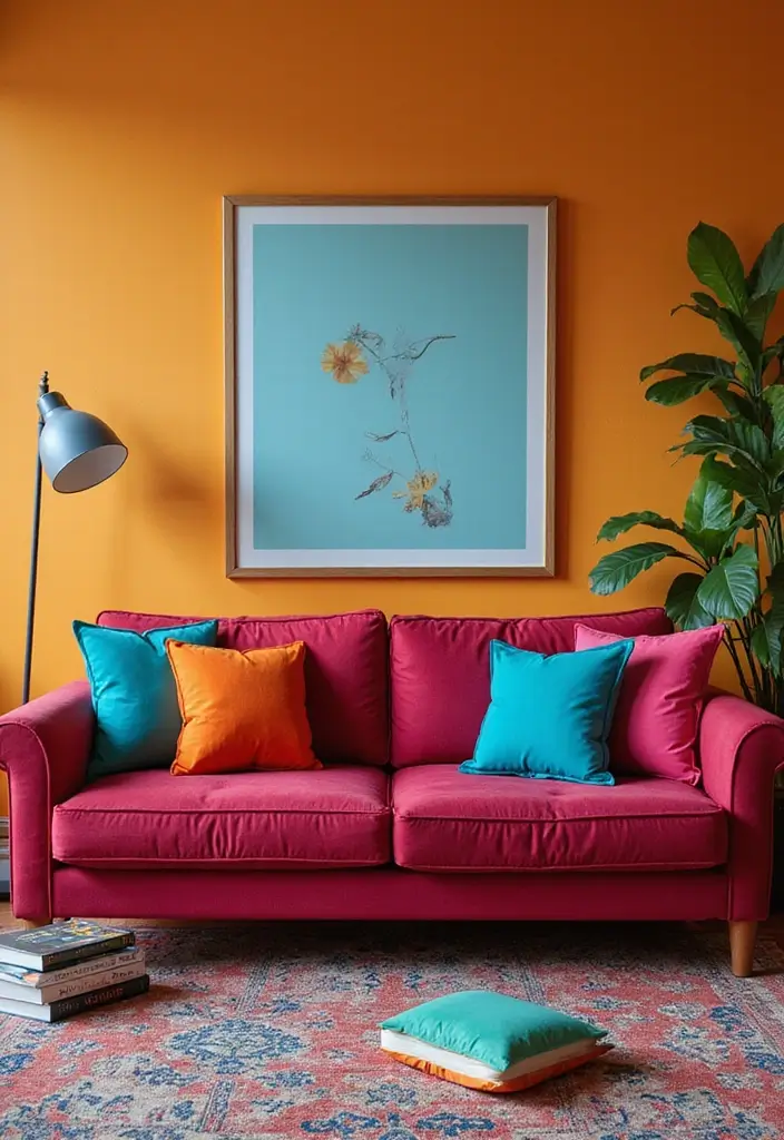 29 Burgundy Couch Living Room Ideas That Feel Rich and Stylish - 5. Bright Accents to Liven Up