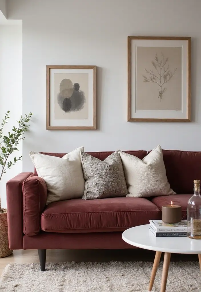 29 Burgundy Couch Living Room Ideas That Feel Rich and Stylish - 8. Layering Neutrals for a Balanced Palette