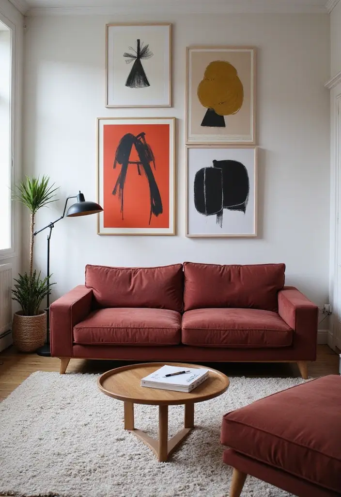 29 Burgundy Couch Living Room Ideas That Feel Rich and Stylish - 9. Modern Art for a Bold Statement
