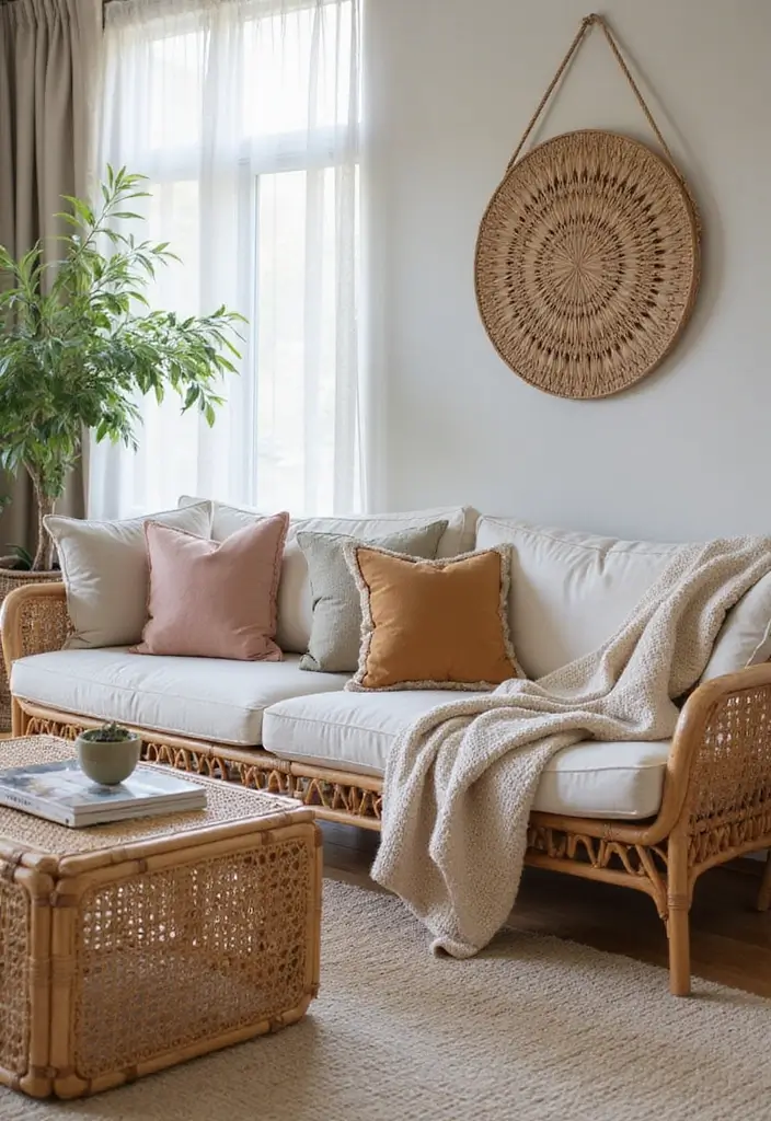 29 Family Living Room Ideas Modern Designs That Feel Cozy and Practical - 23. Modern Rattan and Wicker Pieces