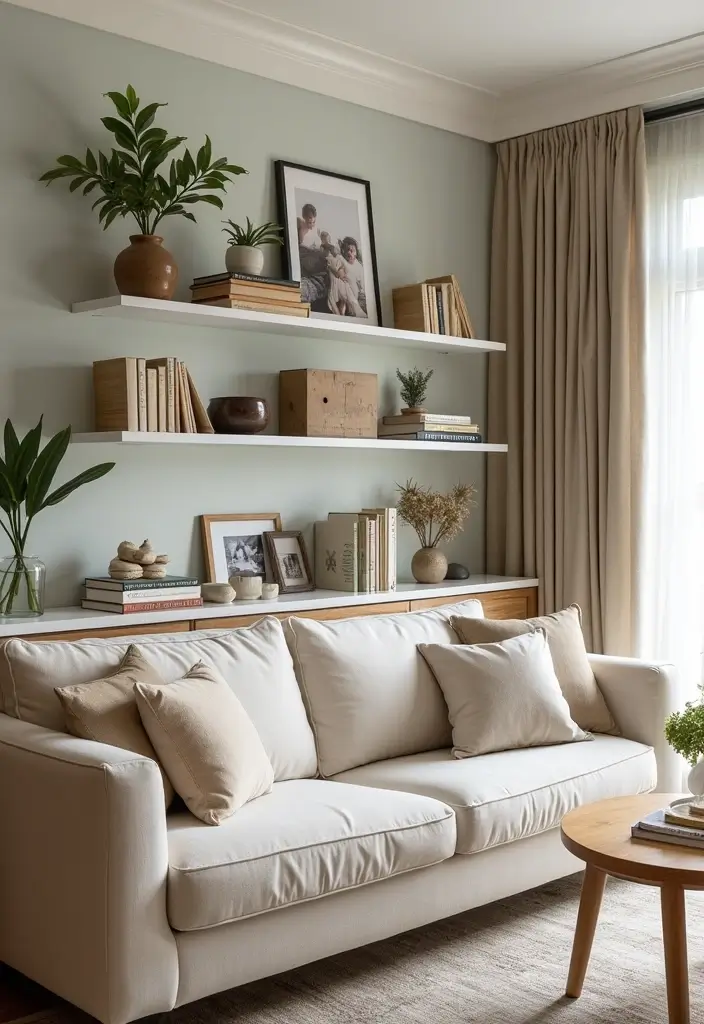 29 Family Living Room Ideas Modern Designs That Feel Cozy and Practical - 26. Open Shelving for Display