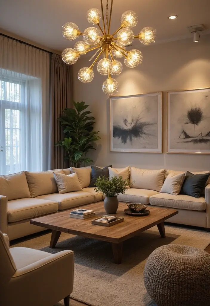 29 Family Living Room Ideas Modern Designs That Feel Cozy and Practical - 29. Unique Lighting Fixtures