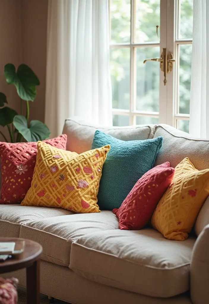 29 First Floor Living Room Ideas That Make the Most of the Layout - 14. Colorful Throw Pillows