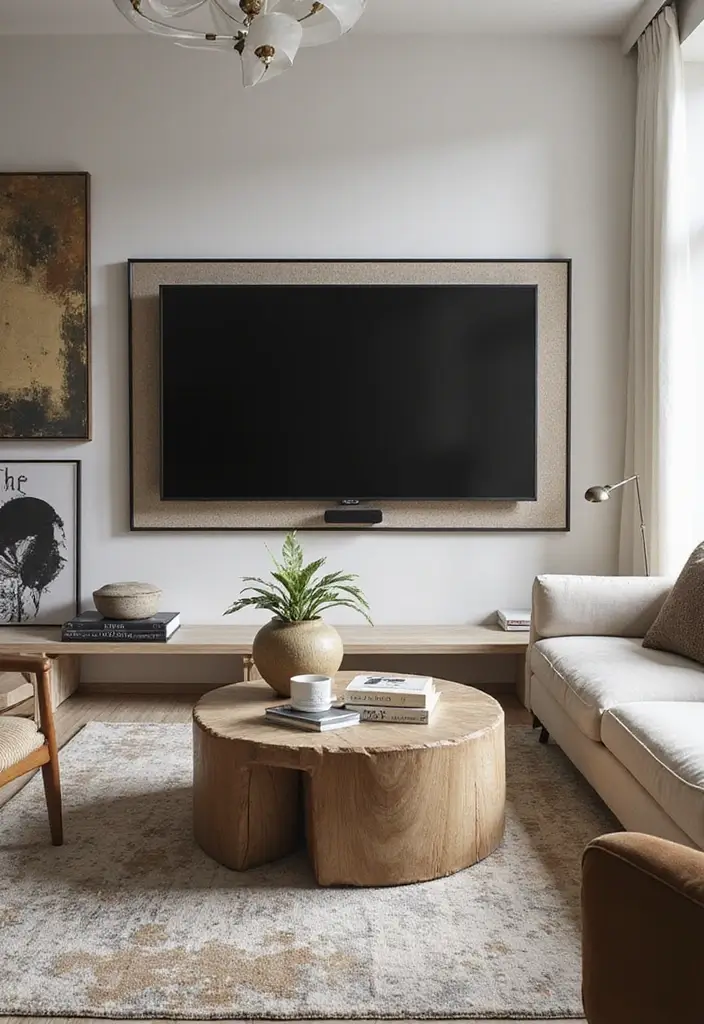 29 First Floor Living Room Ideas That Make the Most of the Layout - 25. Wall-Mounted TV and Art Integration
