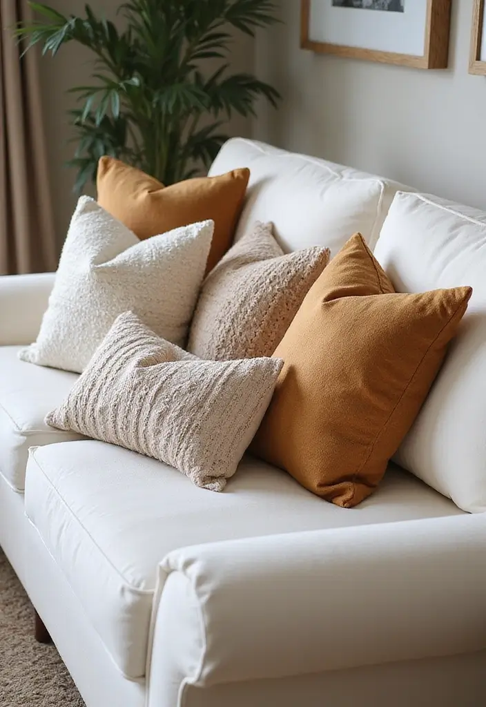 29 Ivory Sofa Living Room Ideas That Feel Elegant and Serene - 1. Cozy Textures with Throw Pillows