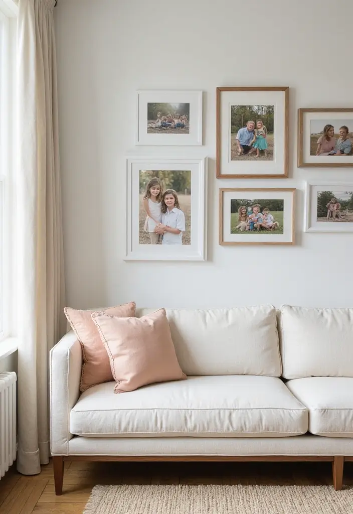 29 Ivory Sofa Living Room Ideas That Feel Elegant and Serene - 11. Personalized Decor with Family Photos