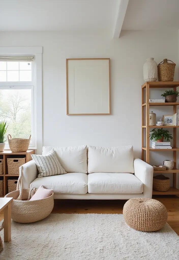 29 Ivory Sofa Living Room Ideas That Feel Elegant and Serene - 12. Stylish Storage Solutions