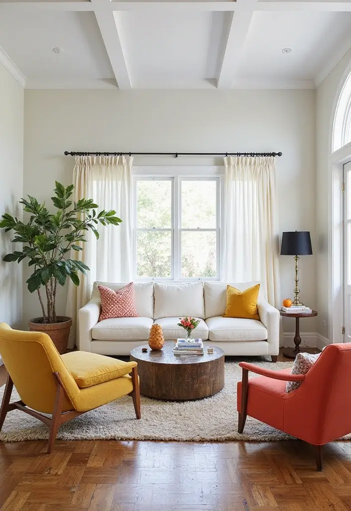 29 Ivory Sofa Living Room Ideas That Feel Elegant and Serene - 13. Bold Accent Chairs