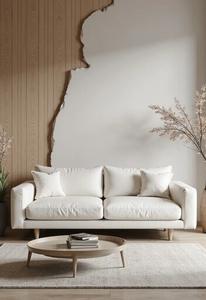 29 Ivory Sofa Living Room Ideas That Feel Elegant and Serene - 15. Unique Wall Treatments