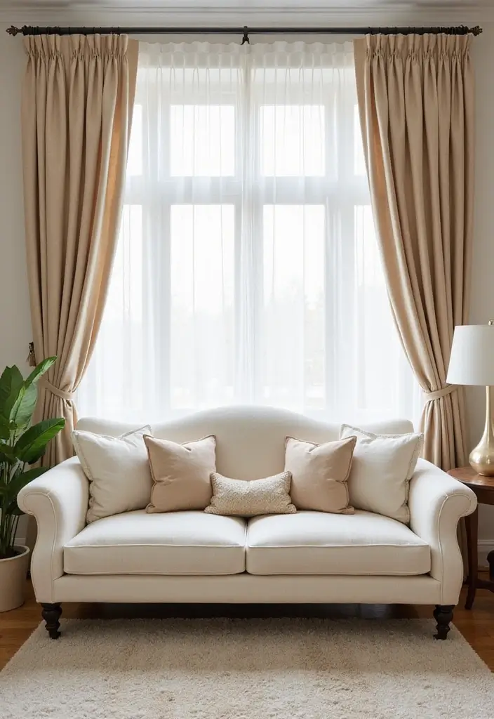 29 Ivory Sofa Living Room Ideas That Feel Elegant and Serene - 16. Elegant Curtain Choices