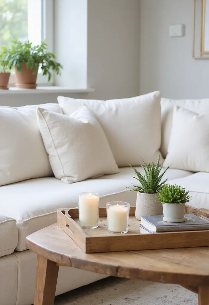 29 Ivory Sofa Living Room Ideas That Feel Elegant and Serene - 18. Decorative Trays