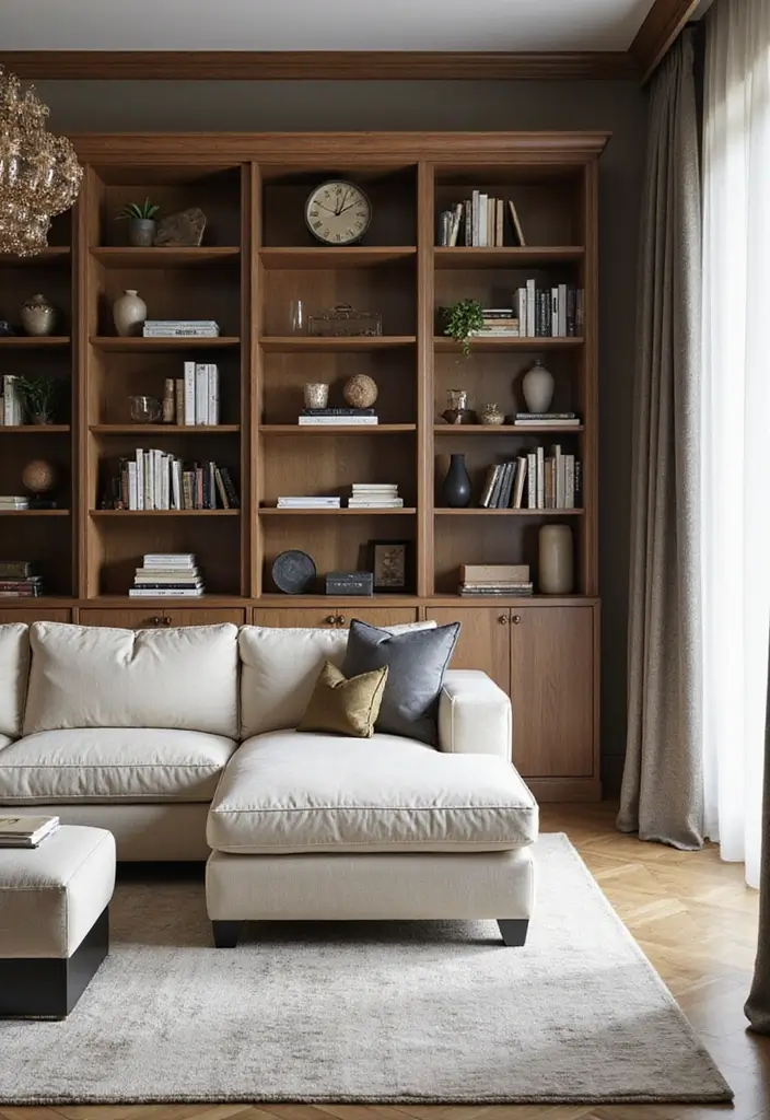 29 Ivory Sofa Living Room Ideas That Feel Elegant and Serene - 19. Elegant Bookcases