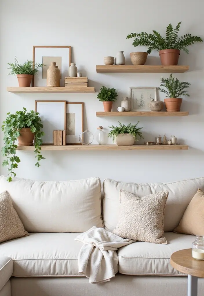 29 Ivory Sofa Living Room Ideas That Feel Elegant and Serene - 20. Layered Wall Shelves