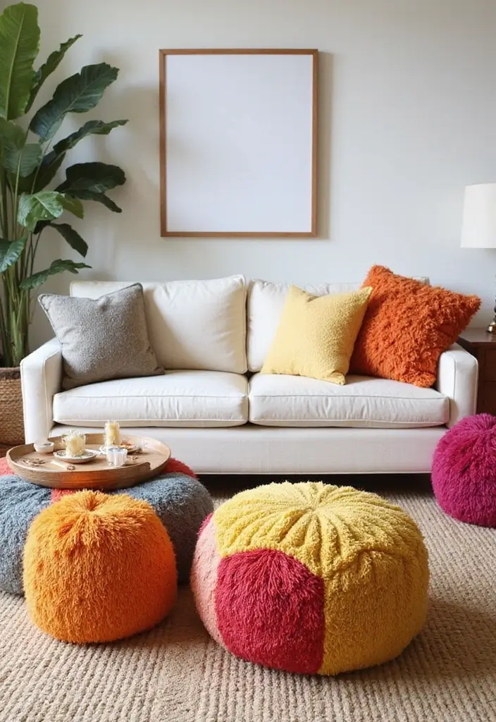 29 Ivory Sofa Living Room Ideas That Feel Elegant and Serene - 21. Playful Poufs