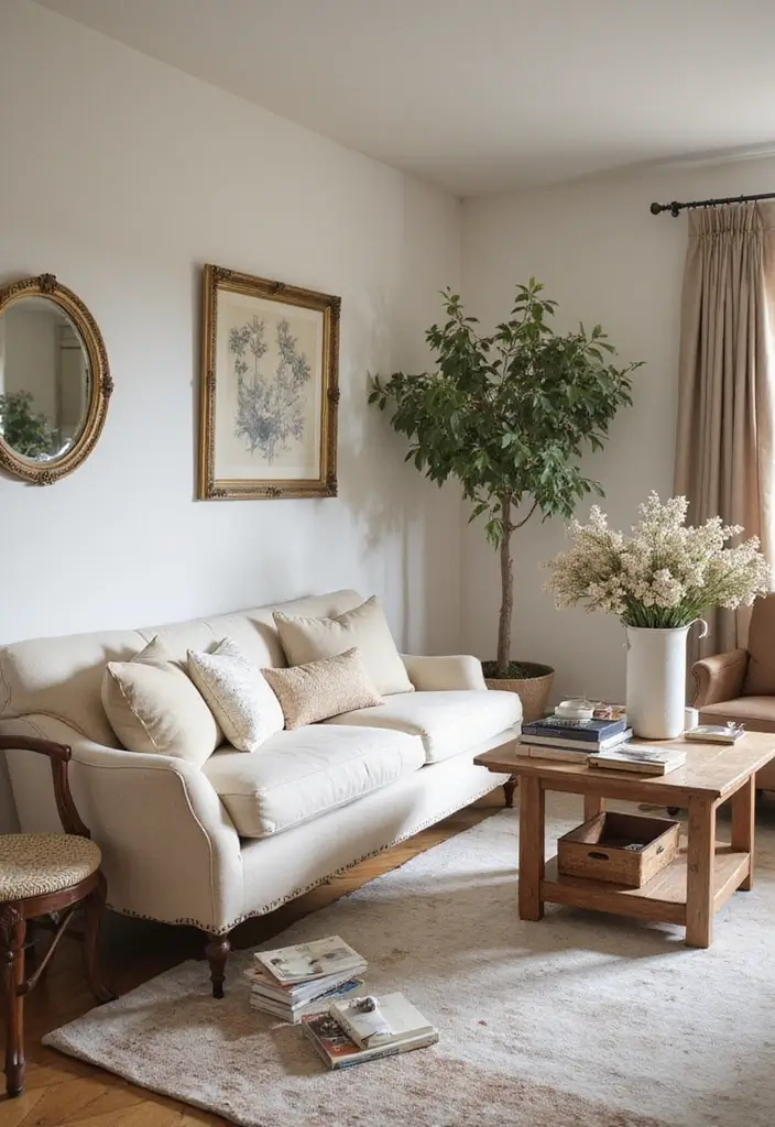 29 Ivory Sofa Living Room Ideas That Feel Elegant and Serene - 22. Timeless Antique Pieces