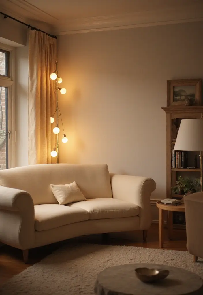 29 Ivory Sofa Living Room Ideas That Feel Elegant and Serene - 23. Soft Area Lighting