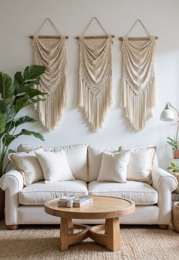 29 Ivory Sofa Living Room Ideas That Feel Elegant and Serene - 26. Textured Wall Hangings