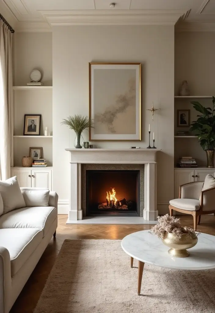 29 Ivory Sofa Living Room Ideas That Feel Elegant and Serene - 27. Elegant Fireplace Designs