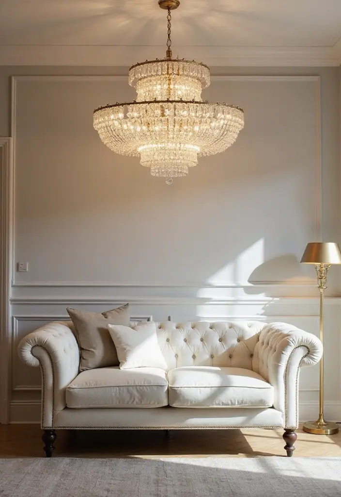 29 Ivory Sofa Living Room Ideas That Feel Elegant and Serene - 7. Statement Lighting Fixtures