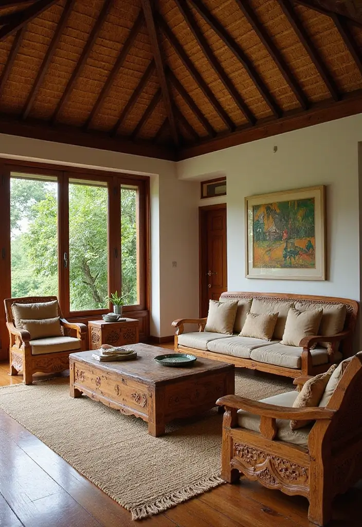 29 Kerala Living Room Designs That Blend Tradition and Modernity - 1. The Elegance of Traditional Wooden Furniture