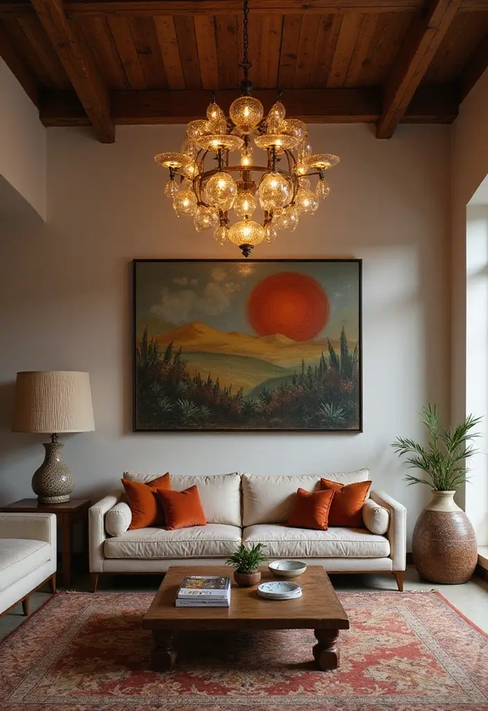 29 Kerala Living Room Designs That Blend Tradition and Modernity - 10. Statement Lighting Fixtures with a Twist