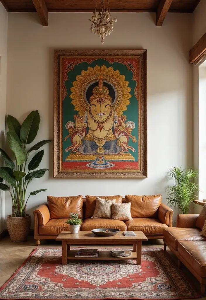 29 Kerala Living Room Designs That Blend Tradition and Modernity - 11. Cultural Elements in Wall Art