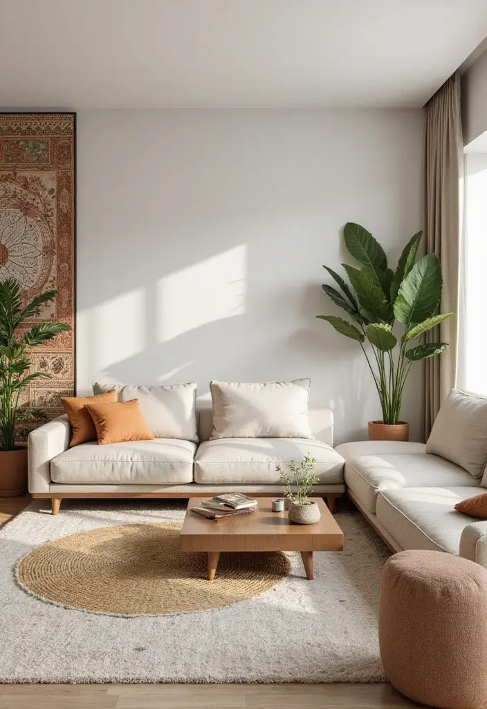 29 Kerala Living Room Designs That Blend Tradition and Modernity - 2. Modern Minimalism Meets Ethnic Accents