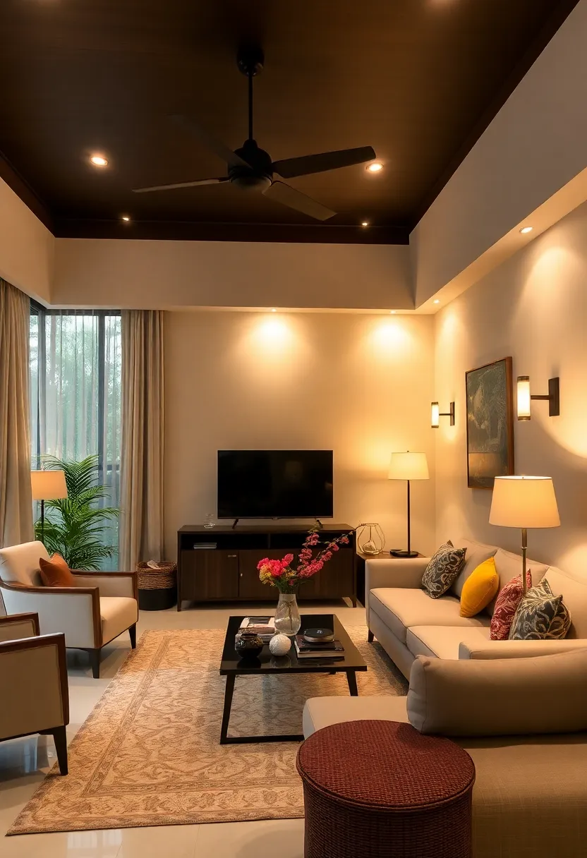 29 Kerala Living Room Designs That Blend Tradition and Modernity - 29. The Comfort of Layered Lighting