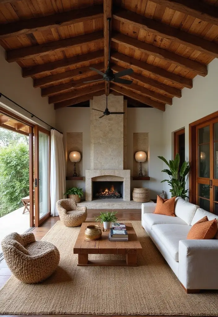 29 Kerala Living Room Designs That Blend Tradition and Modernity - 7. Rustic Charm with Exposed Beams